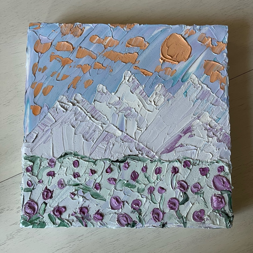 “Lavender Lovescape” a 10 x 10 oil painting on a gallery canvas